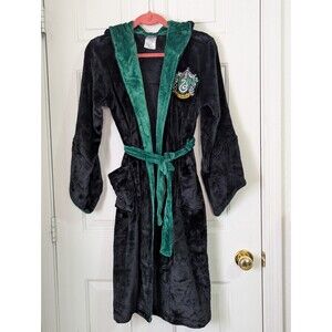 Harry Potter Slytherin Bath Robe Adult Medium Black Green Hood Plush Belted